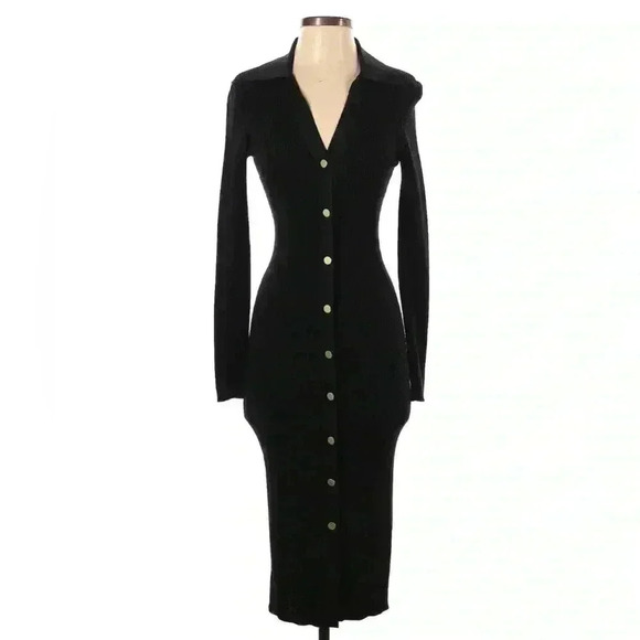 Alice + Olivia Button Down Short Sleeve Knit Polo Collar Midi Dress XS Black NWT - Picture 2 of 6